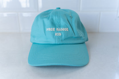 Kids' hat with 'Free Range Kid' text, perfect for adventurous children who love the outdoors.