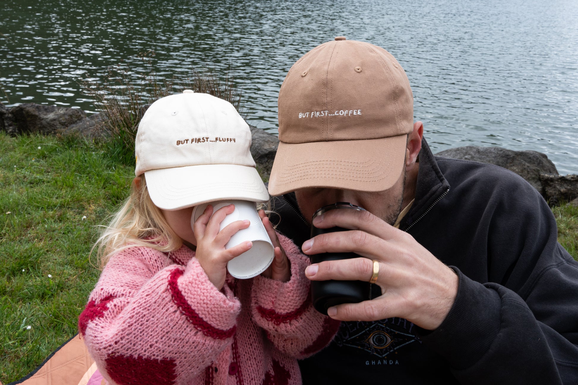 Matching hats for kids and parents, featuring 'But First, Coffee' and 'Fluffy' designs, great for casual outings or gift sets.
