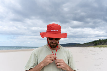 Adults' bucket hat featuring 'No Hat No Play' text, ideal for outdoor adventures and sun protection.