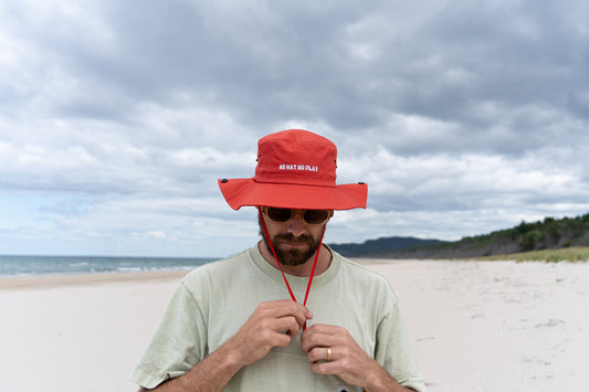 Adults' bucket hat featuring 'No Hat No Play' text, ideal for outdoor adventures and sun protection.